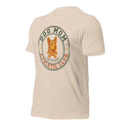 Dog Mom Athletic Club vintage varsity crest tee — Soft Cream, front-right