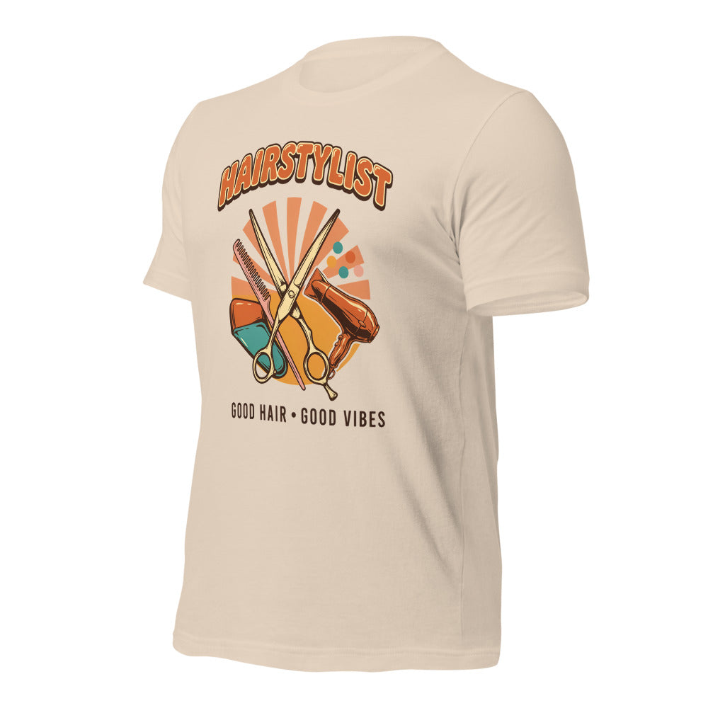 Retro Salon Hairstylist good hair good vibes tee — Soft Cream, front-right