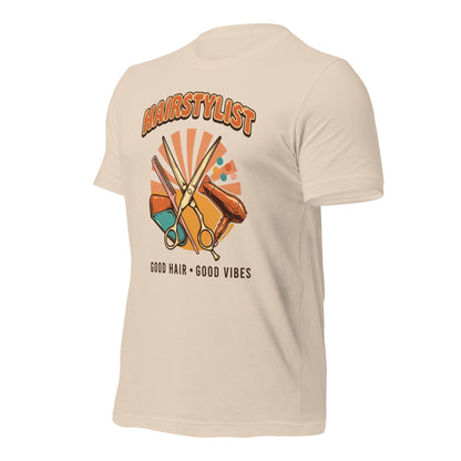 Retro Salon Hairstylist good hair good vibes tee — Soft Cream, front-right