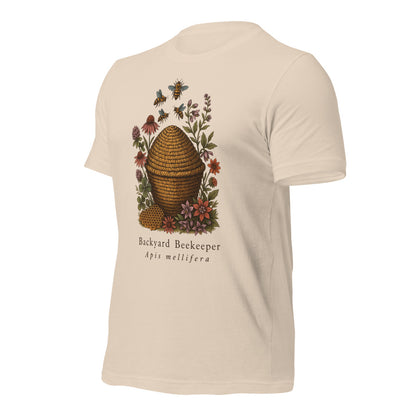 Backyard Beekeeper field-guide bee tee — Soft Cream, front-right