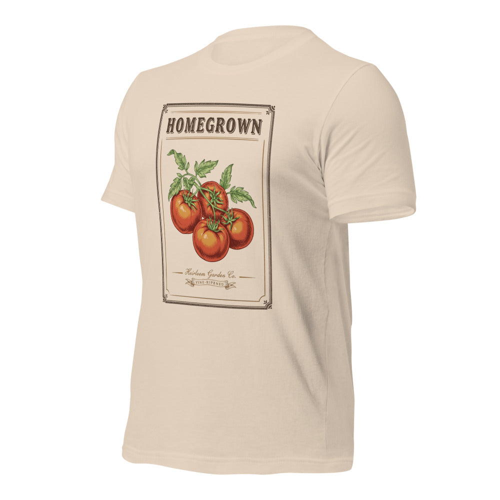 Homegrown Heirloom Seed Packet gardening tee — Soft Cream, front-right