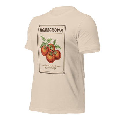 Homegrown Heirloom Seed Packet gardening tee — Soft Cream, front-right