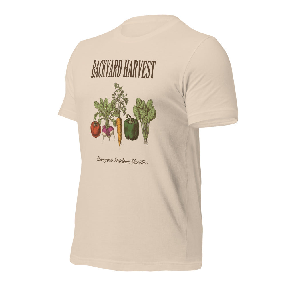 Backyard Harvest heirloom vegetable gardening tee — Soft Cream, front-right
