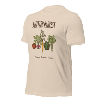 Backyard Harvest heirloom vegetable gardening tee — Soft Cream, front-right