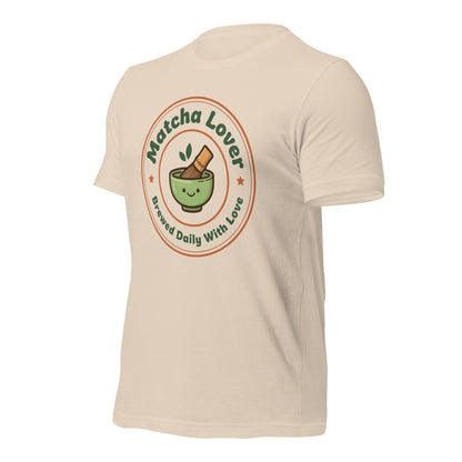 Matcha Lover retro café badge tee — Soft Cream, front-right