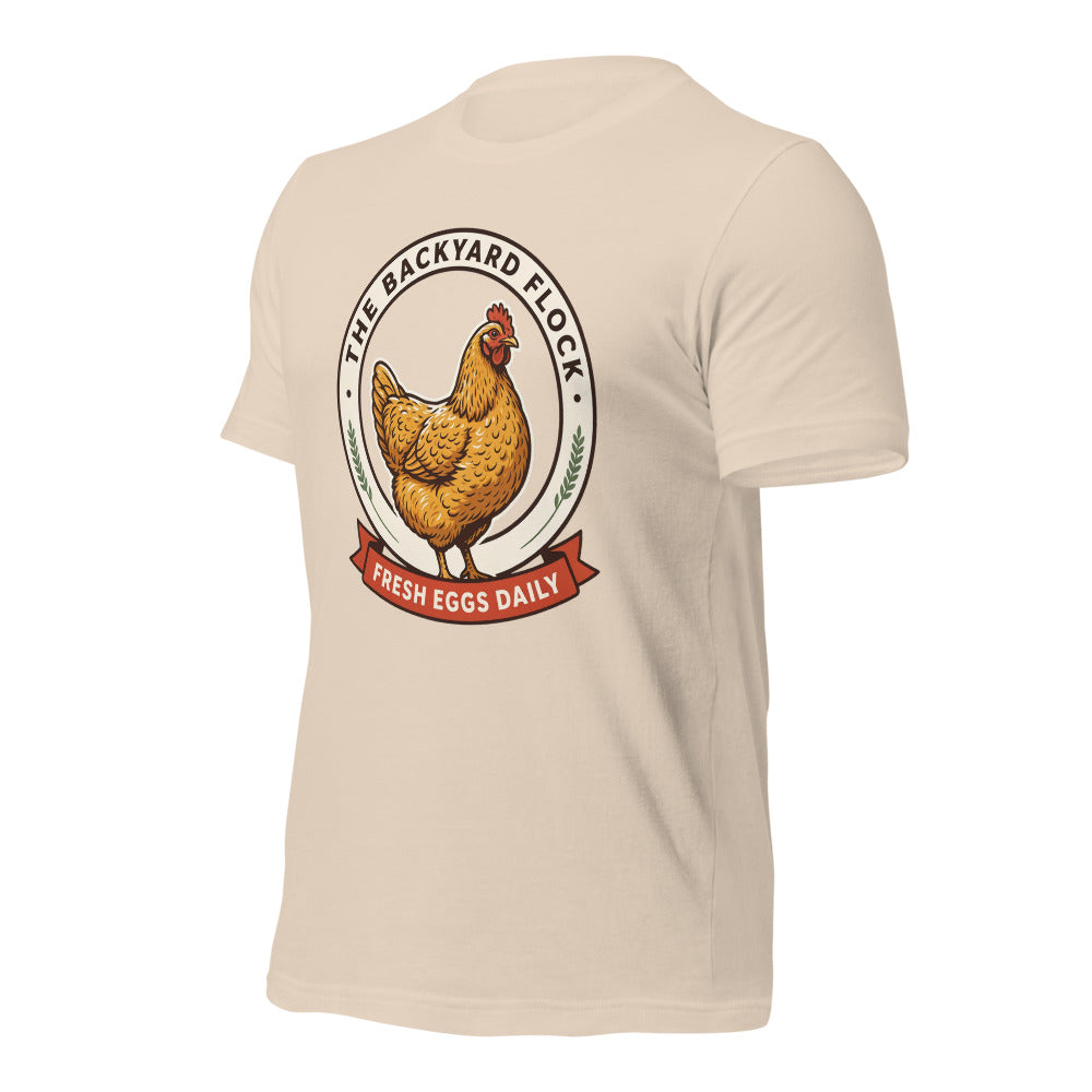 Backyard Flock heritage chicken keeper tee — Soft Cream, front-right
