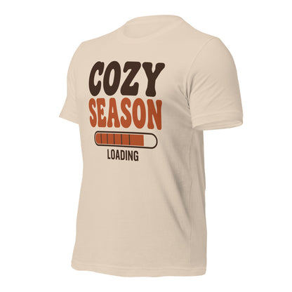 Cozy Season Loading retro 70s fall t-shirt — Soft Cream, front-right