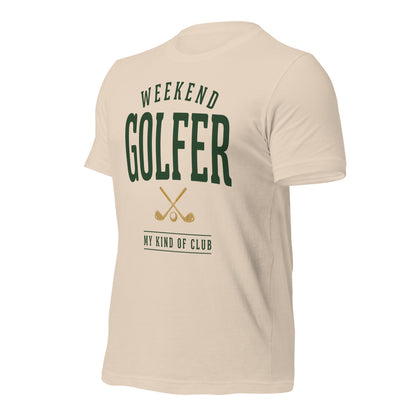 Weekend Golfer vintage golf wordmark tee — Soft Cream, front-right