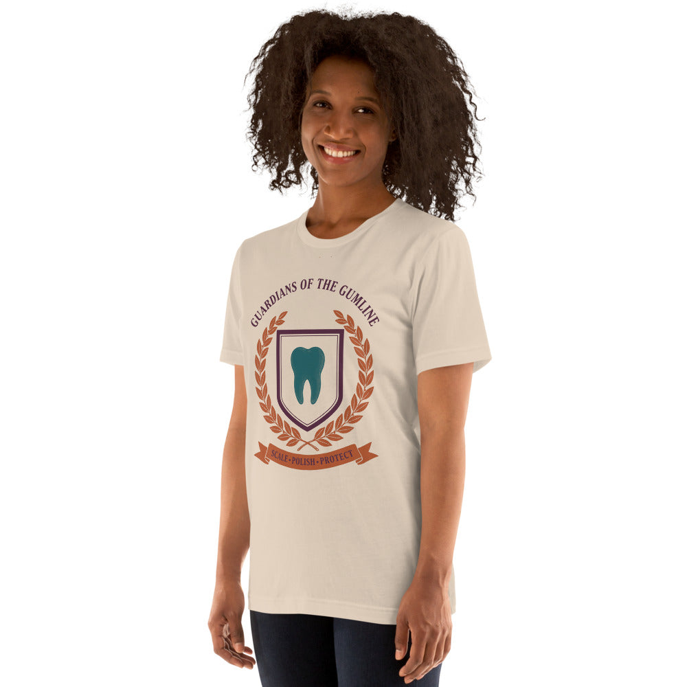 Guardians of the Gumline dental hygienist tee — Soft Cream, on model