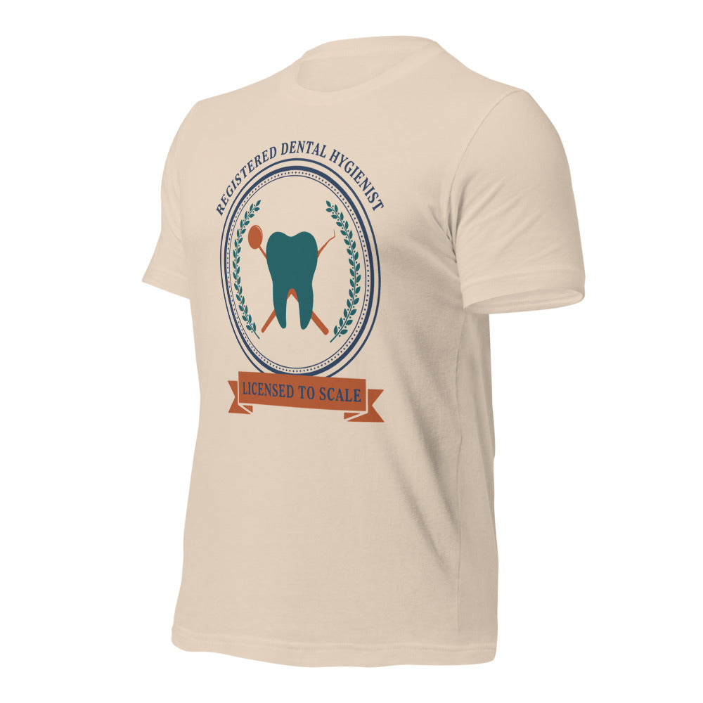 Licensed to Scale registered dental hygienist tee — Soft Cream, front-right
