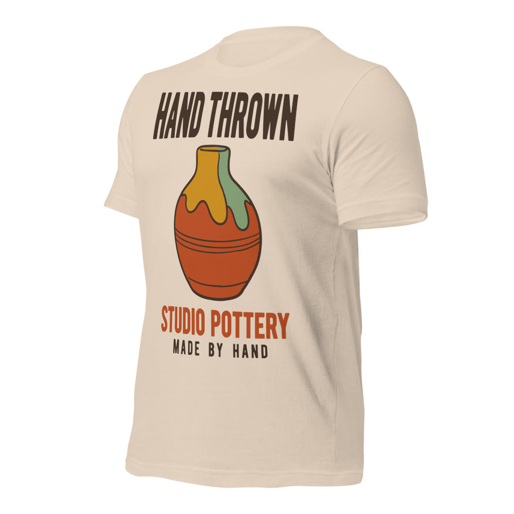 Hand Thrown Studio Pottery retro poster t-shirt — Soft Cream, front-right