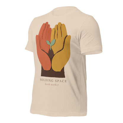 Holding Space birth worker doula t-shirt — Soft Cream, front-right
