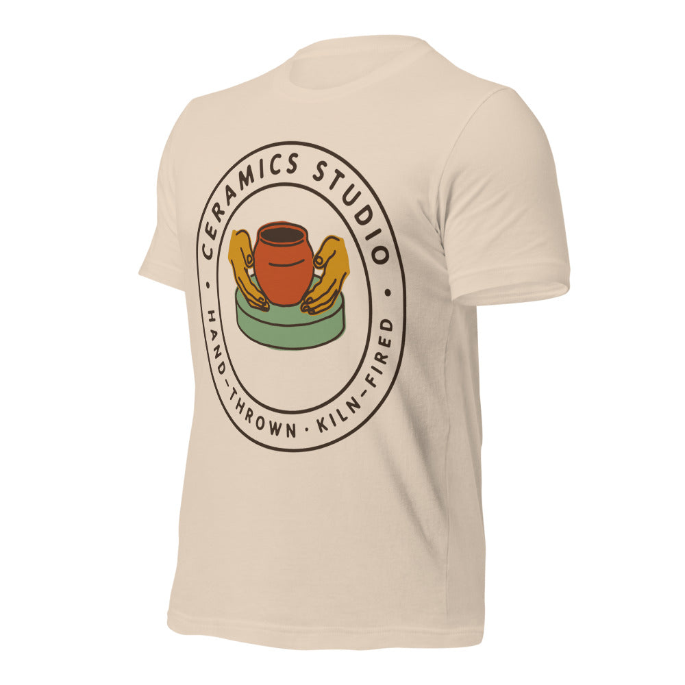Ceramics Studio Badge hand-thrown pottery t-shirt — Soft Cream, front-right
