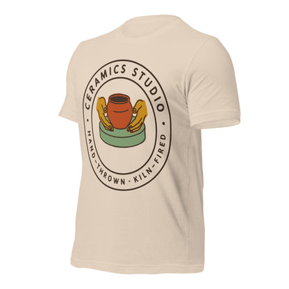 Ceramics Studio Badge hand-thrown pottery t-shirt — Soft Cream, front-right