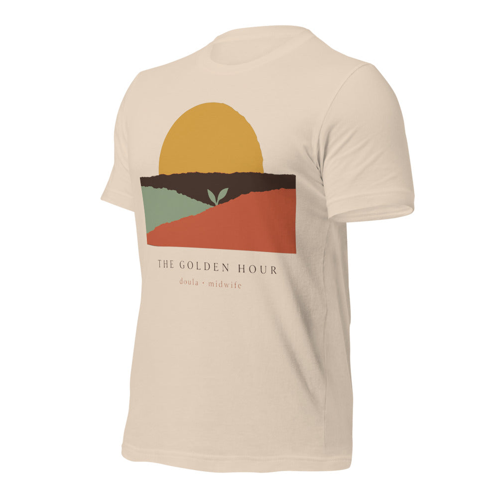 The Golden Hour birth worker doula t-shirt — Soft Cream, front-right