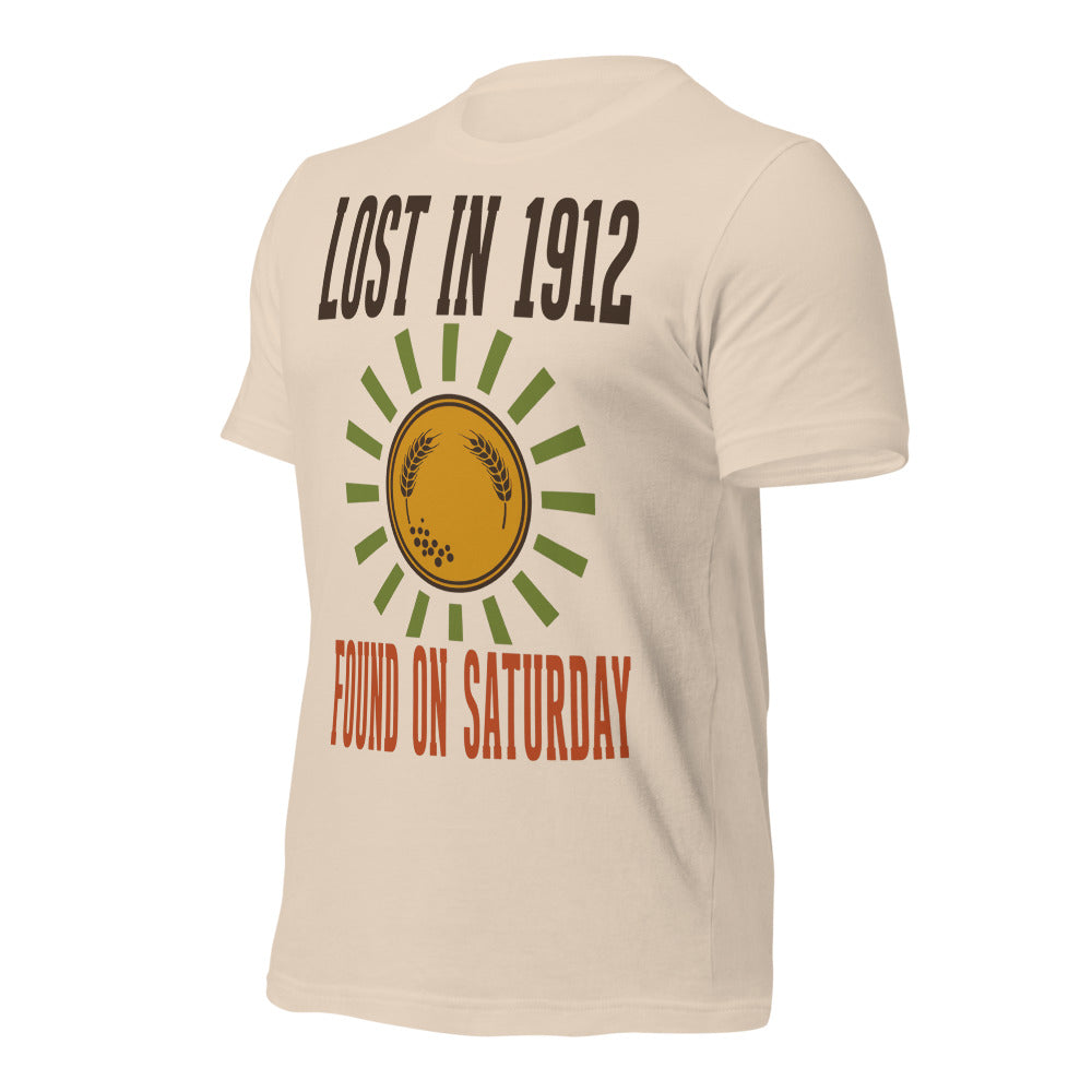 Lost in 1912 Found on Saturday retro metal detecting tee — Soft Cream, front-right