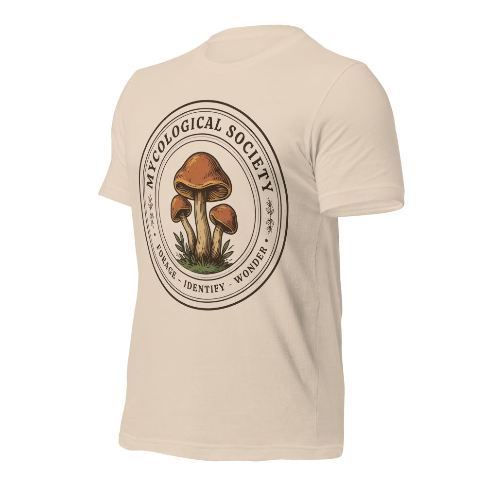 Mushroom Foraging Mycological Society vintage botanical tee — Soft Cream, front-right
