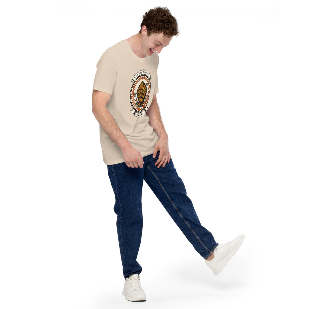 Backyard Beekeeper Keeper of Bees vintage apiary crest tee — Soft Cream, on model