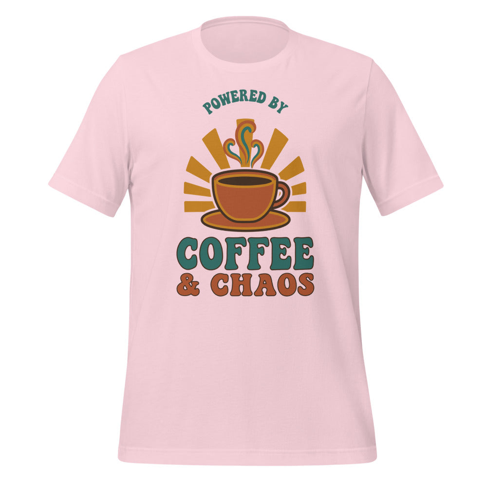 Powered By Coffee And Chaos retro groovy teacher tee — Soft Pink, front