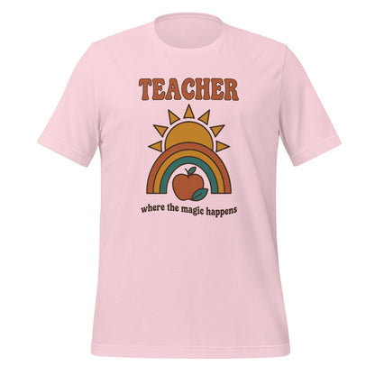 Teacher Where The Magic Happens retro groovy teacher tee — Soft Pink, front
