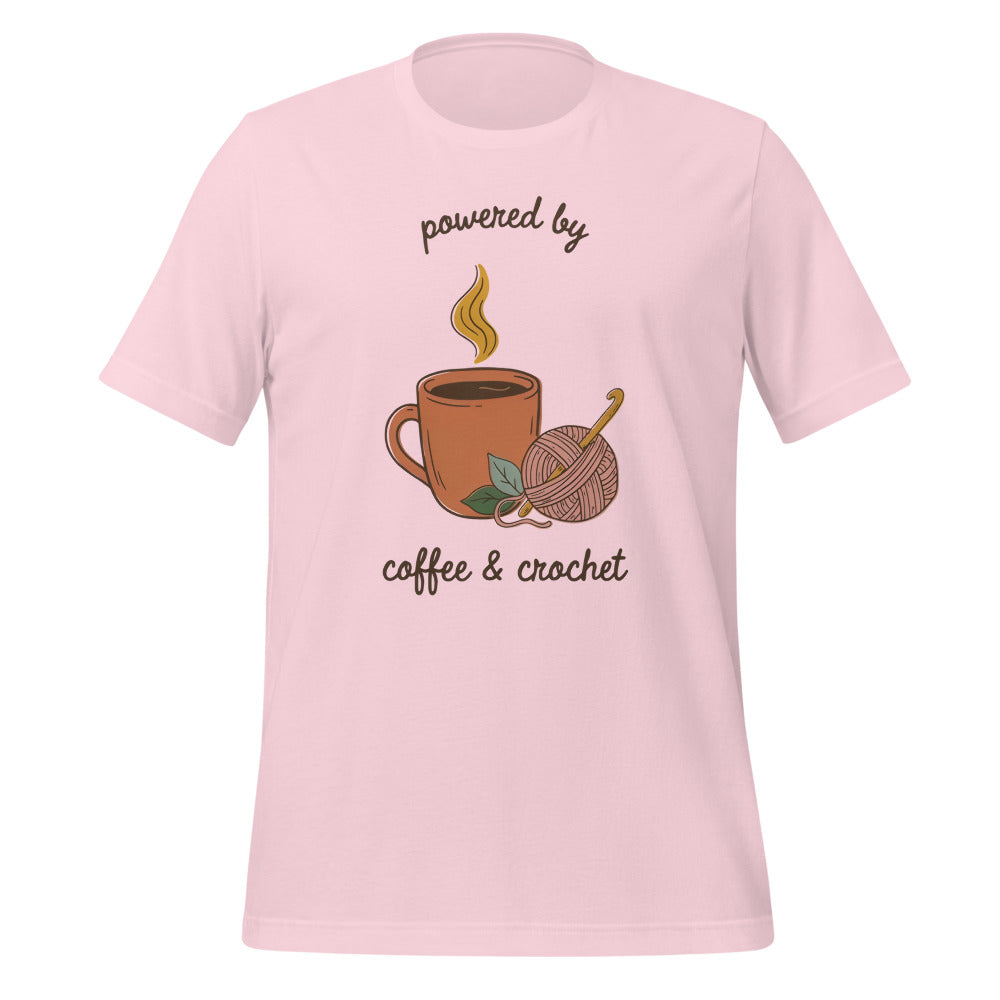 Powered by Coffee and Crochet cottagecore crochet tee — Soft Pink, front