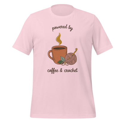 Powered by Coffee and Crochet cottagecore crochet tee — Soft Pink, front