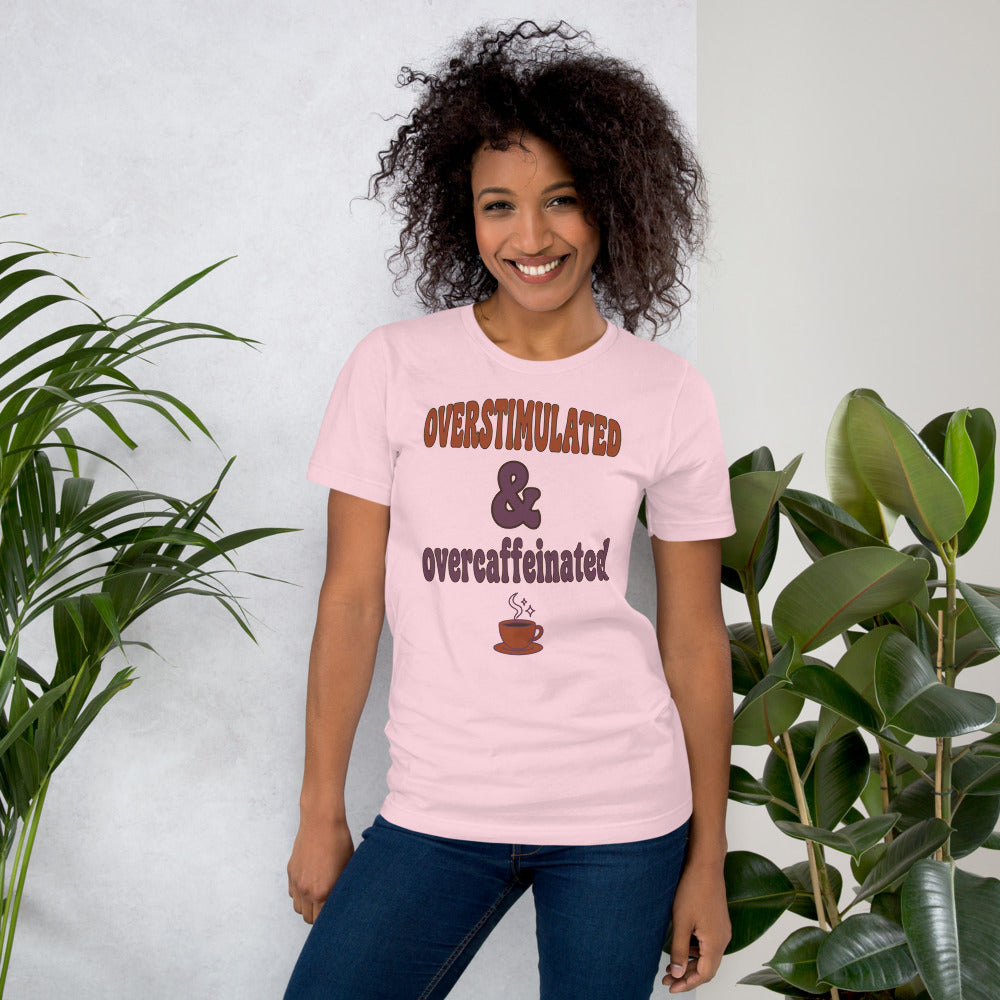 Overstimulated & Overcaffeinated soft retro coffee mental health tee — Soft Pink, on model