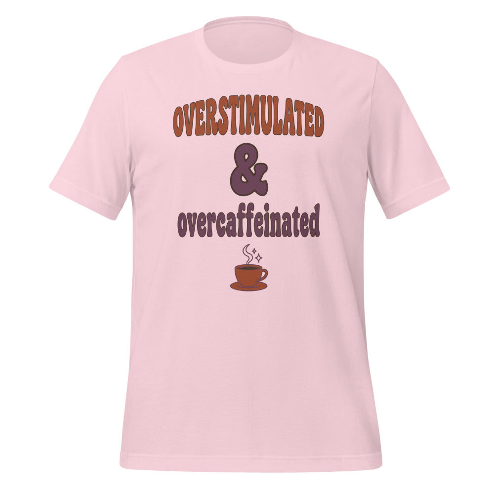 Overstimulated & Overcaffeinated soft retro coffee mental health tee — Soft Pink, front