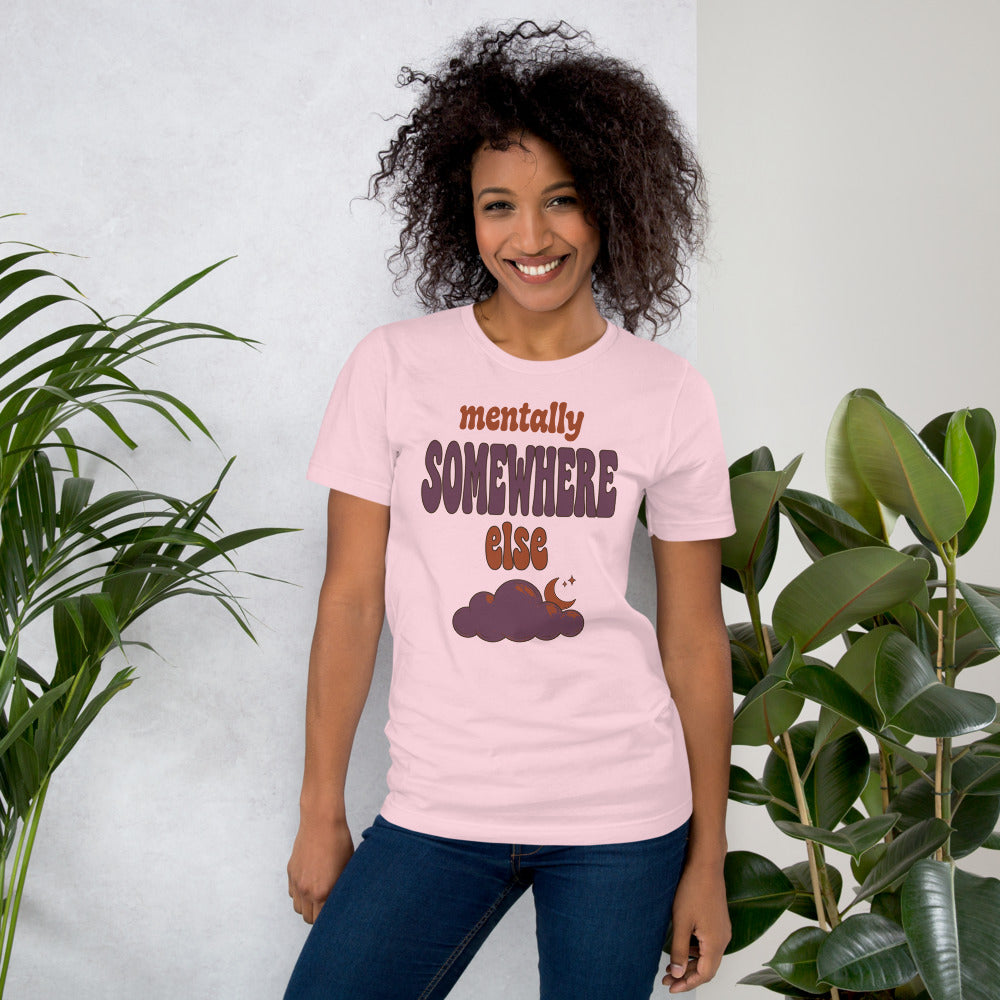 Mentally Somewhere Else soft retro daydream mental health tee — Soft Pink, on model