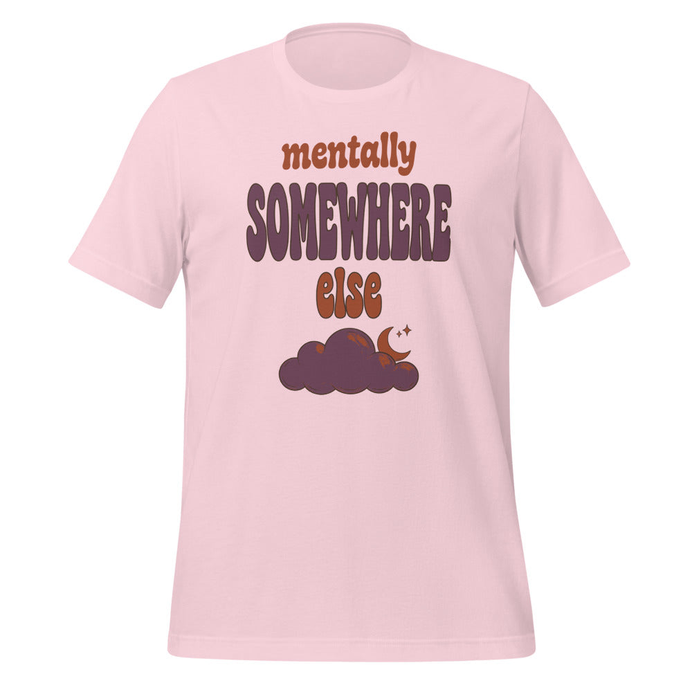 Mentally Somewhere Else soft retro daydream mental health tee — Soft Pink, front