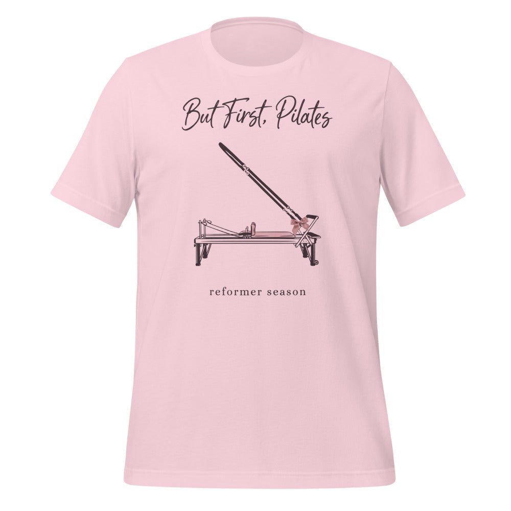 But First Pilates reformer line-art tee — Soft Pink, front