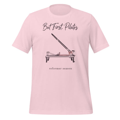 But First Pilates reformer line-art tee — Soft Pink, front