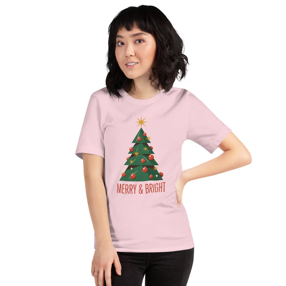 Atomic mid-century retro Christmas tree tee — Soft Pink, on model