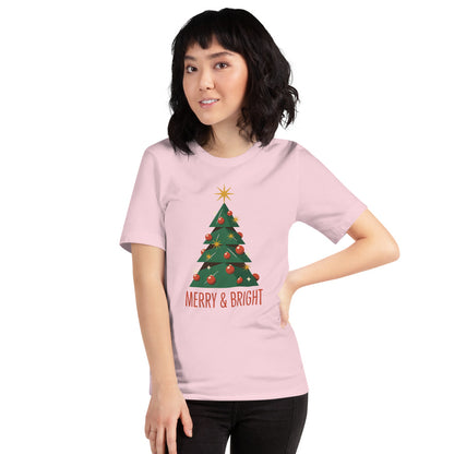Atomic mid-century retro Christmas tree tee — Soft Pink, on model