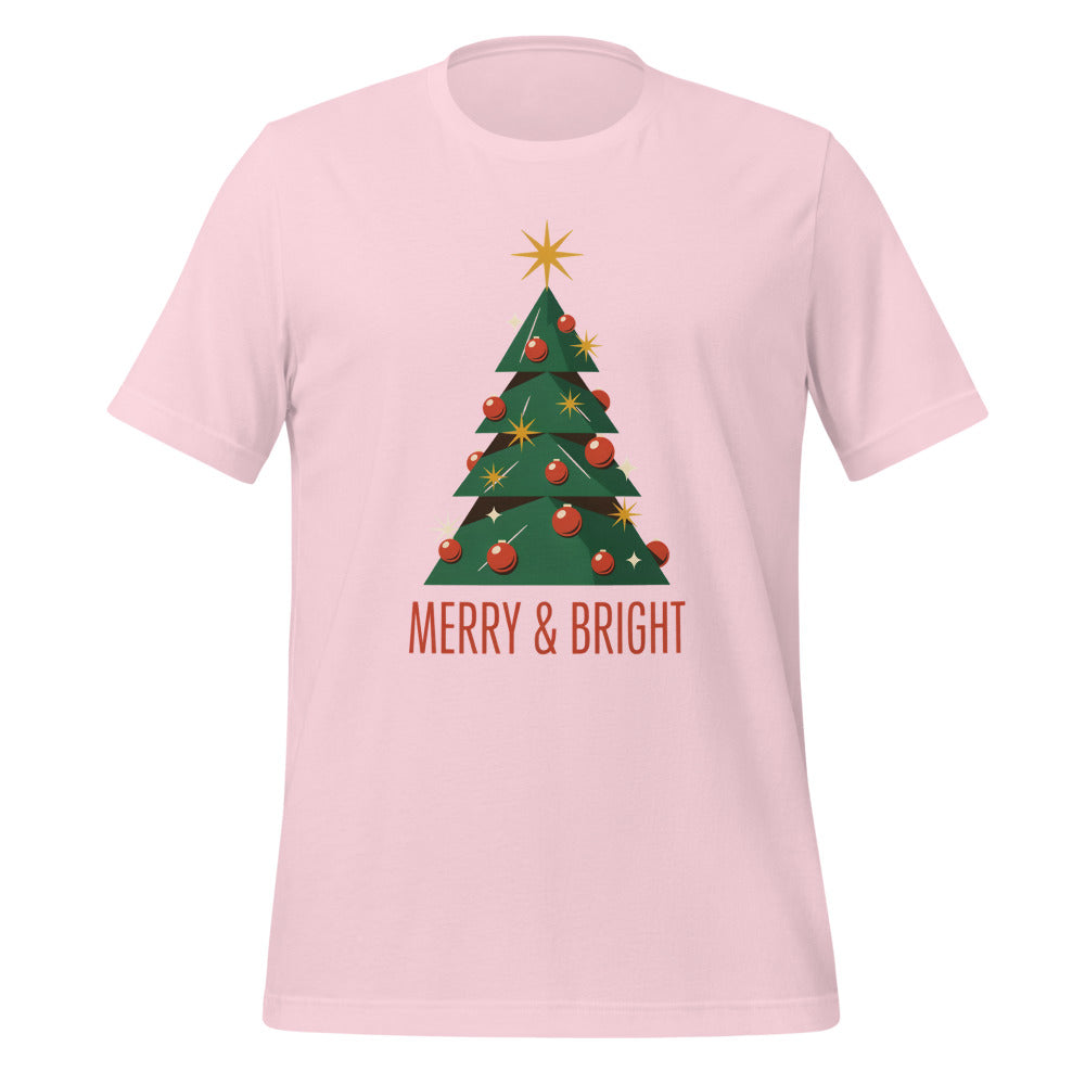 Atomic mid-century retro Christmas tree tee — Soft Pink, front