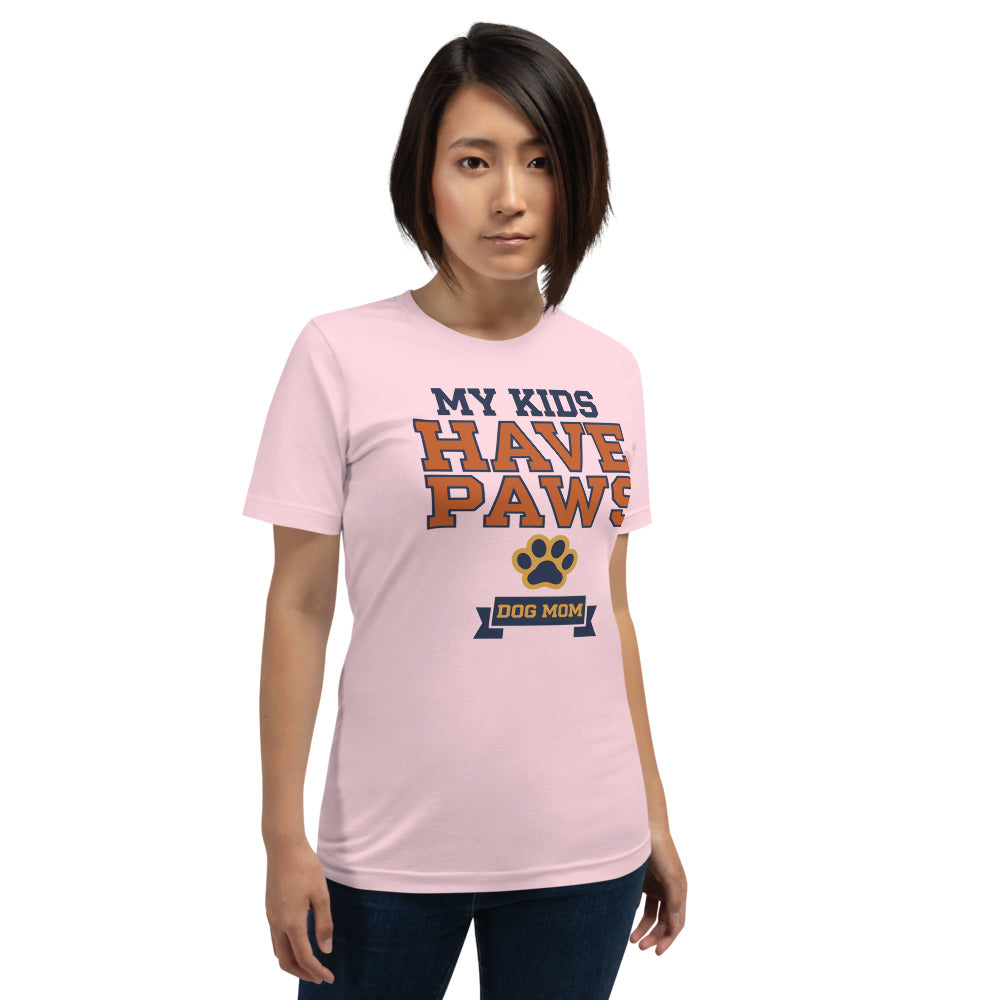 My Kids Have Paws funny dog mom tee — Soft Pink, on model