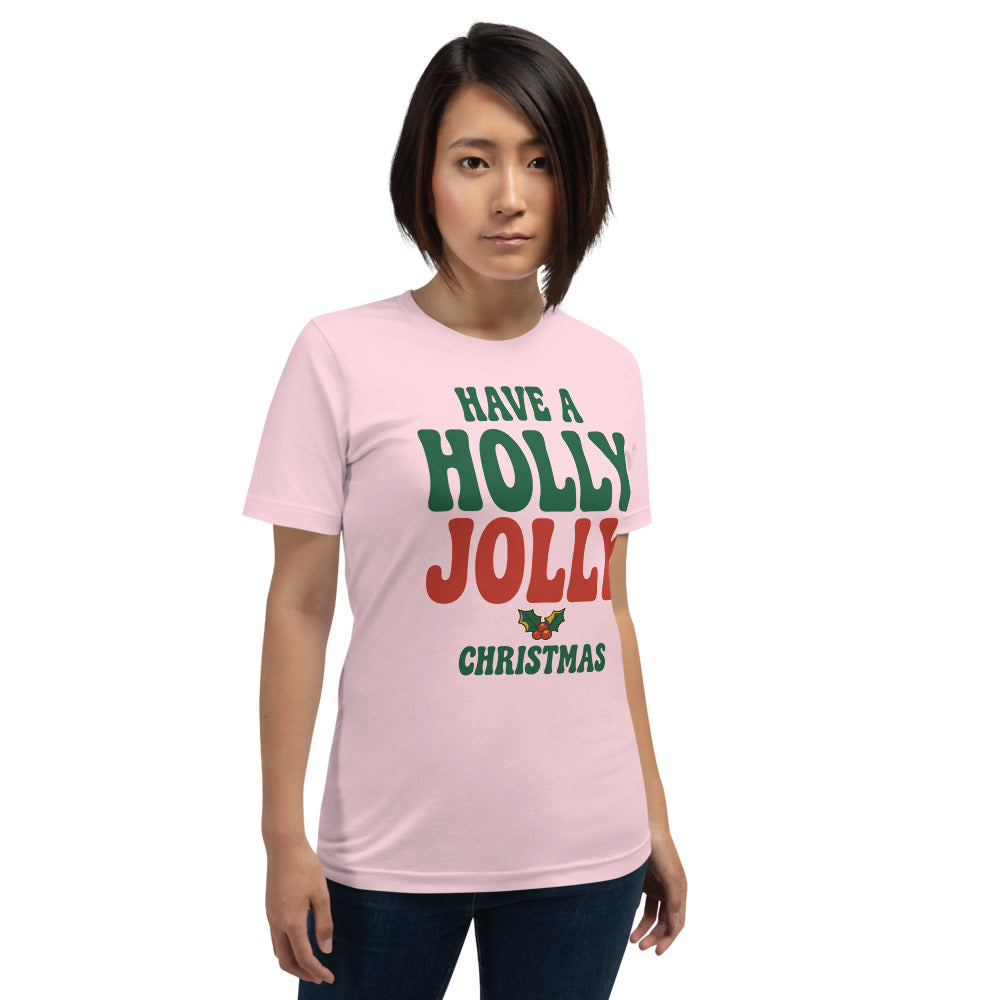 Groovy Holly Jolly retro Christmas tee — Soft Pink, on model