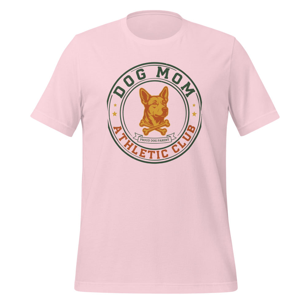 Dog Mom Athletic Club vintage varsity crest tee — Soft Pink, front