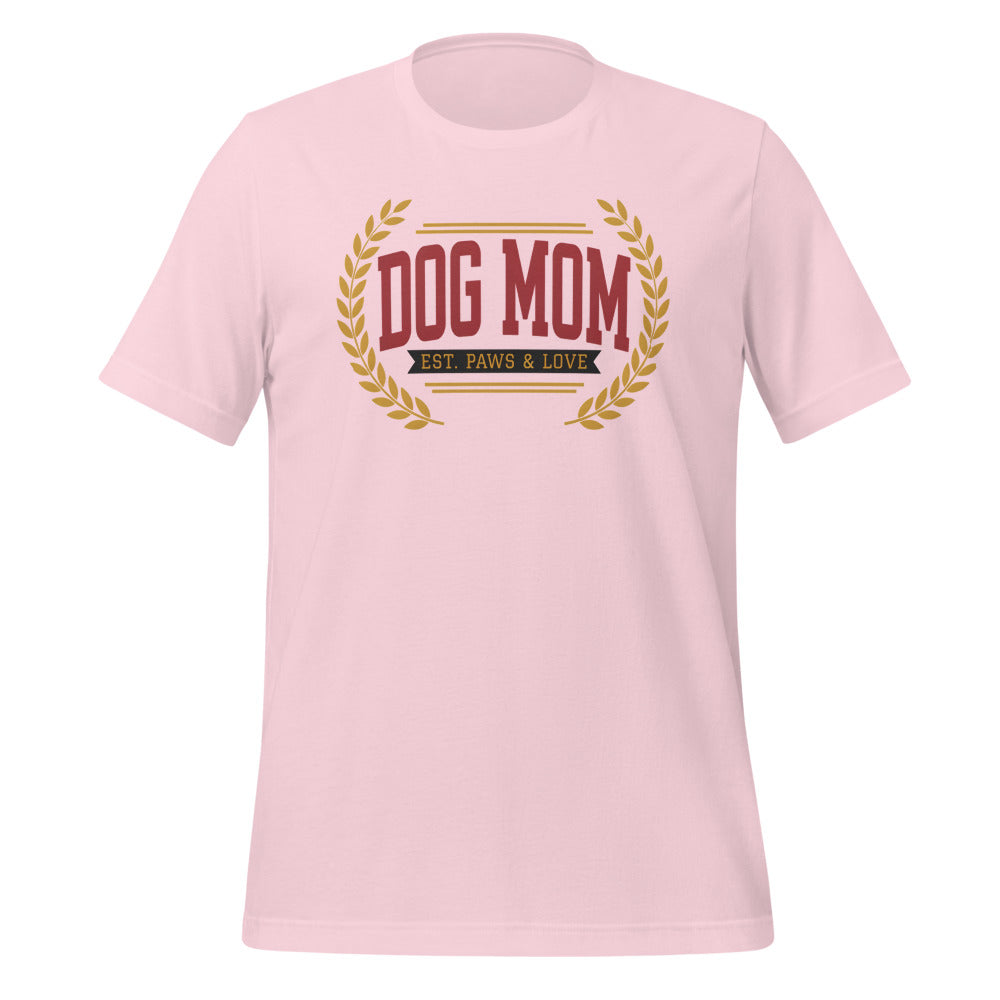 Dog Mom vintage varsity wordmark tee — Soft Pink, front