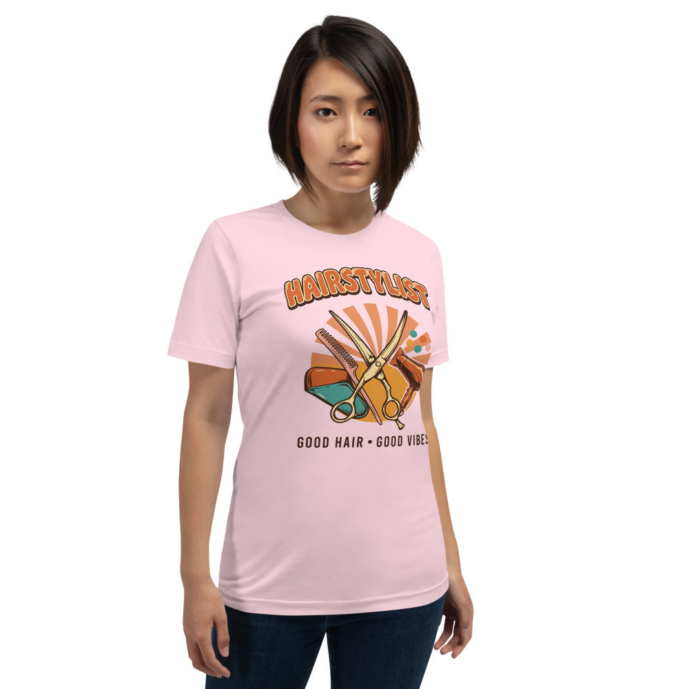 Retro Salon Hairstylist good hair good vibes tee — Soft Pink, on model