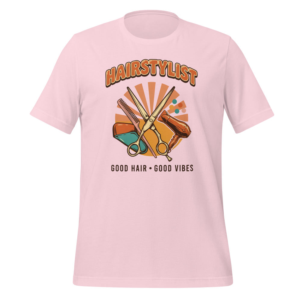 Retro Salon Hairstylist good hair good vibes tee — Soft Pink, front