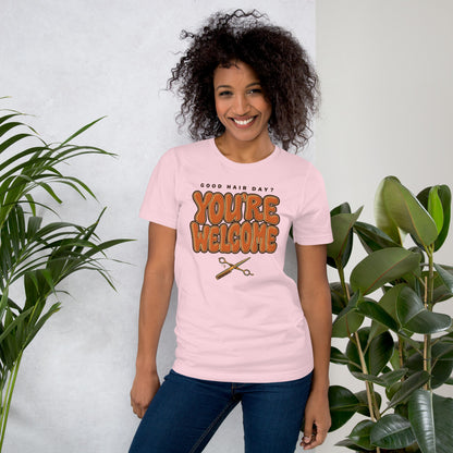 Funny hairstylist Good Hair Day You're Welcome tee — Soft Pink, on model