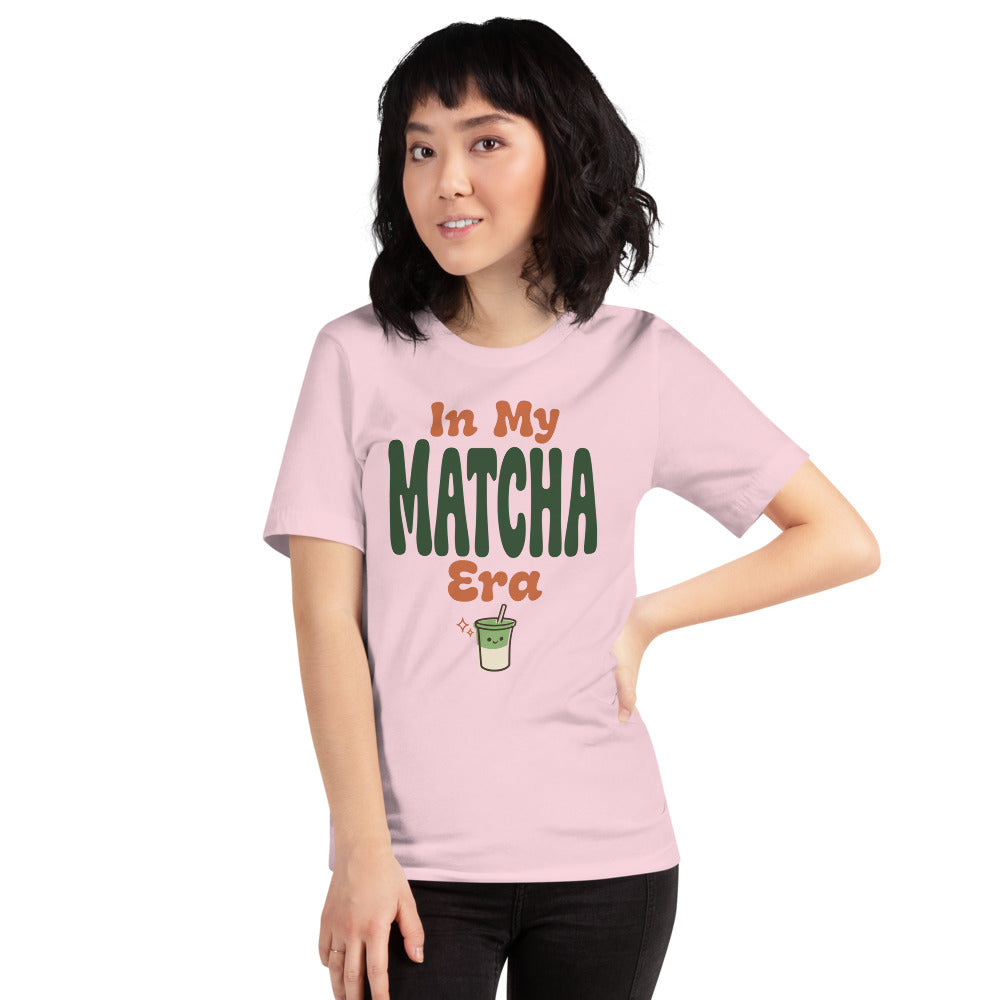 In My Matcha Era retro matcha tee — Soft Pink, on model
