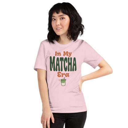 In My Matcha Era retro matcha tee — Soft Pink, on model