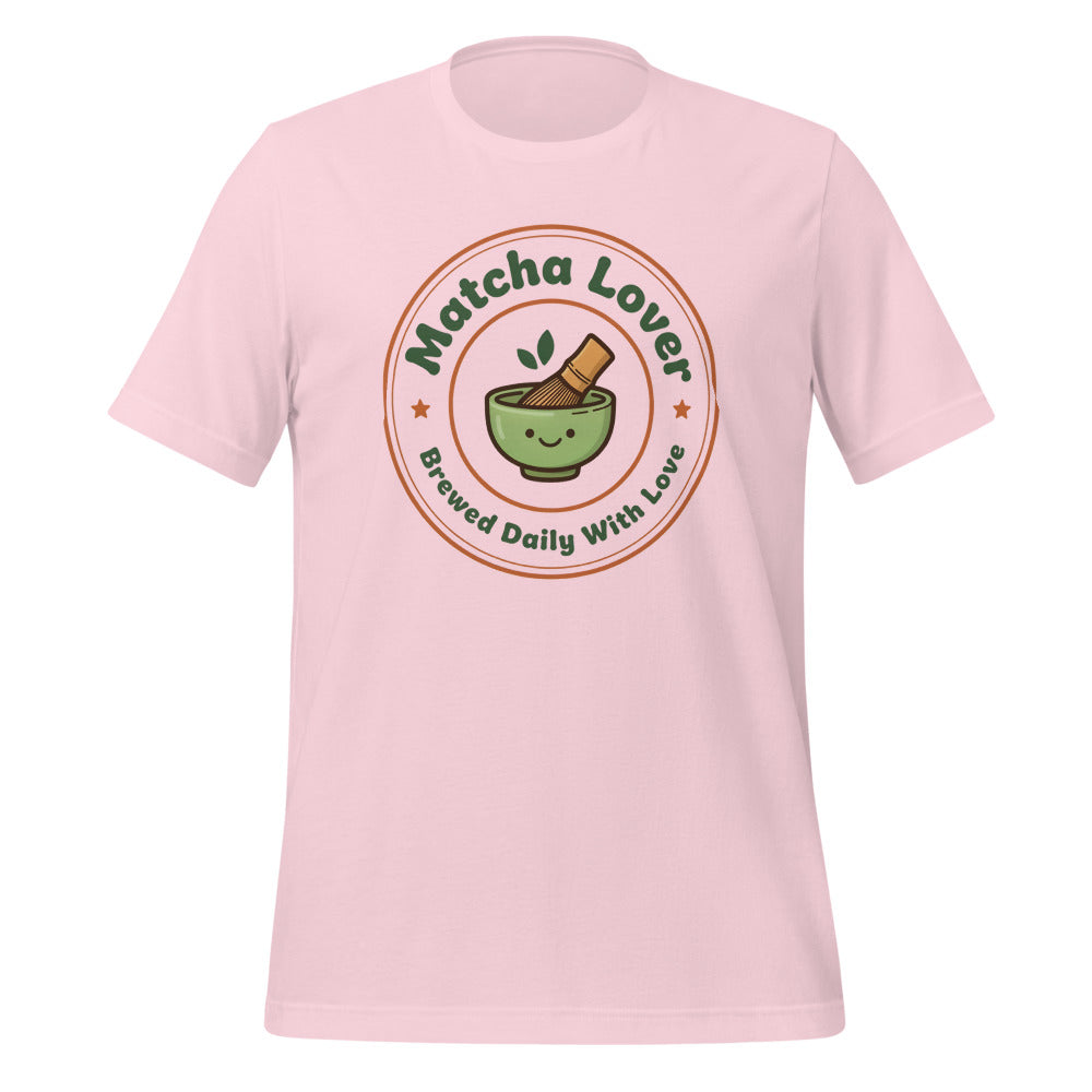 Matcha Lover retro café badge tee — Soft Pink, front
