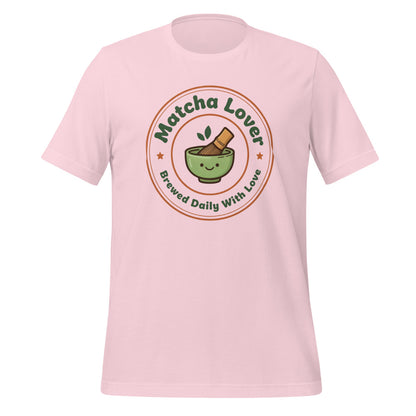 Matcha Lover retro café badge tee — Soft Pink, front