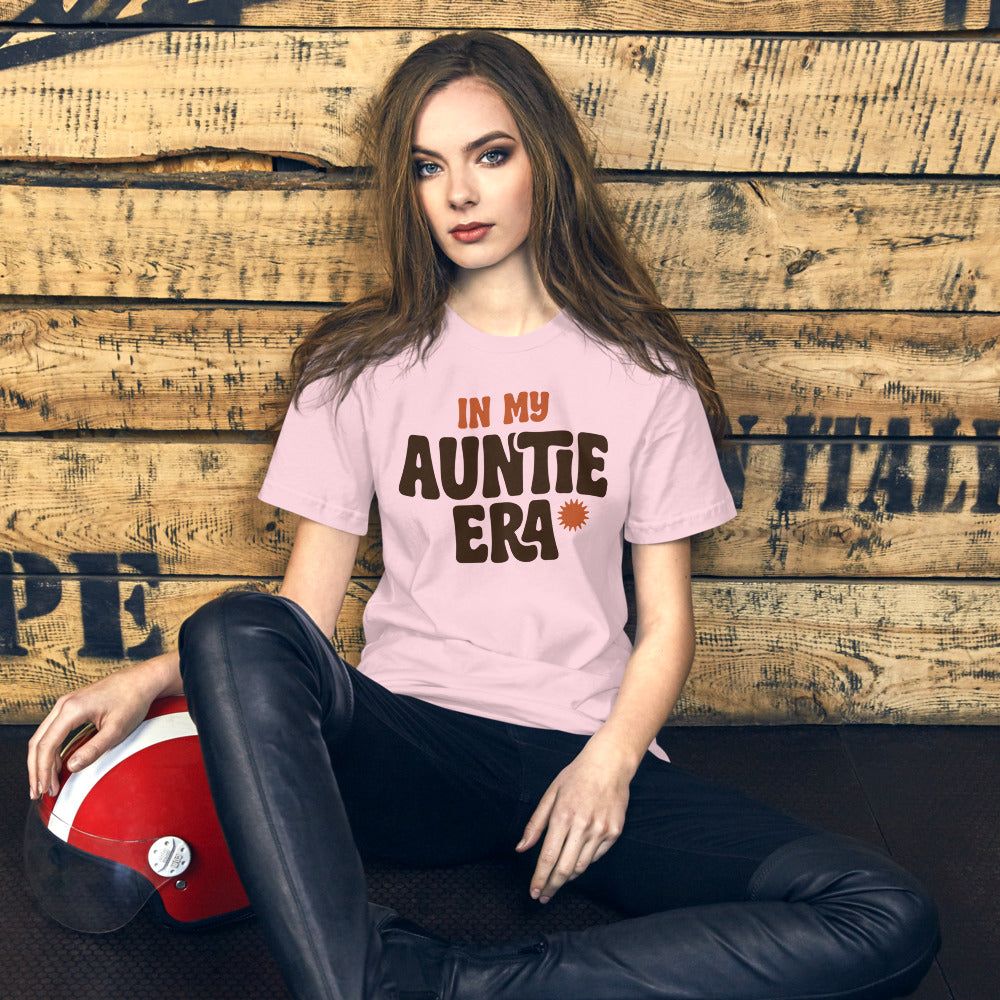 In My Auntie Era retro groovy aunt tee — Soft Pink, on model