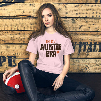 In My Auntie Era retro groovy aunt tee — Soft Pink, on model