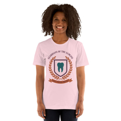 Guardians of the Gumline dental hygienist tee — Soft Pink, on model