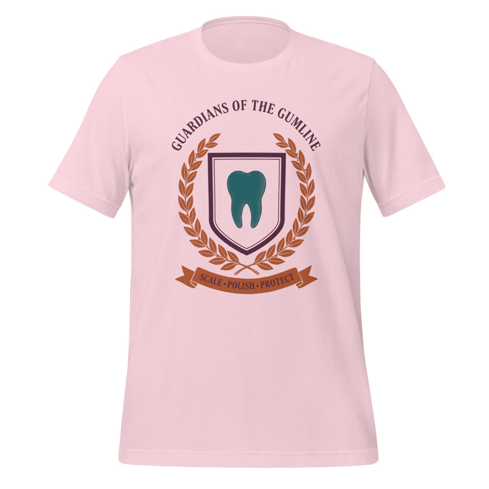 Guardians of the Gumline dental hygienist tee — Soft Pink, front